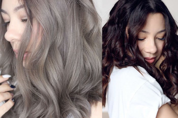Femeie asiatică cu păr gri, creț, femeie asiatică cu culoarea părului de ciocolată maro închis