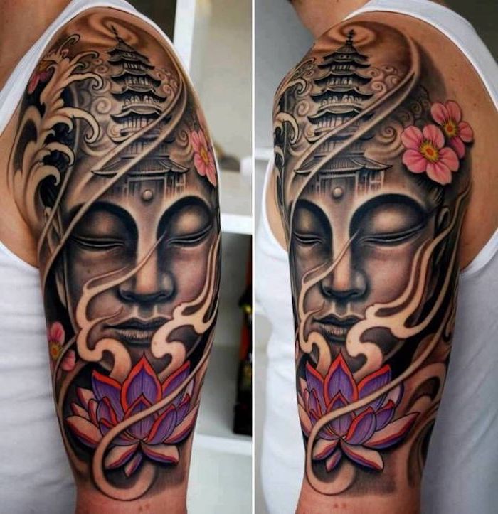 čínske tetovanie pre mužov, tetovanie v budde v kombinácii s kvetmi