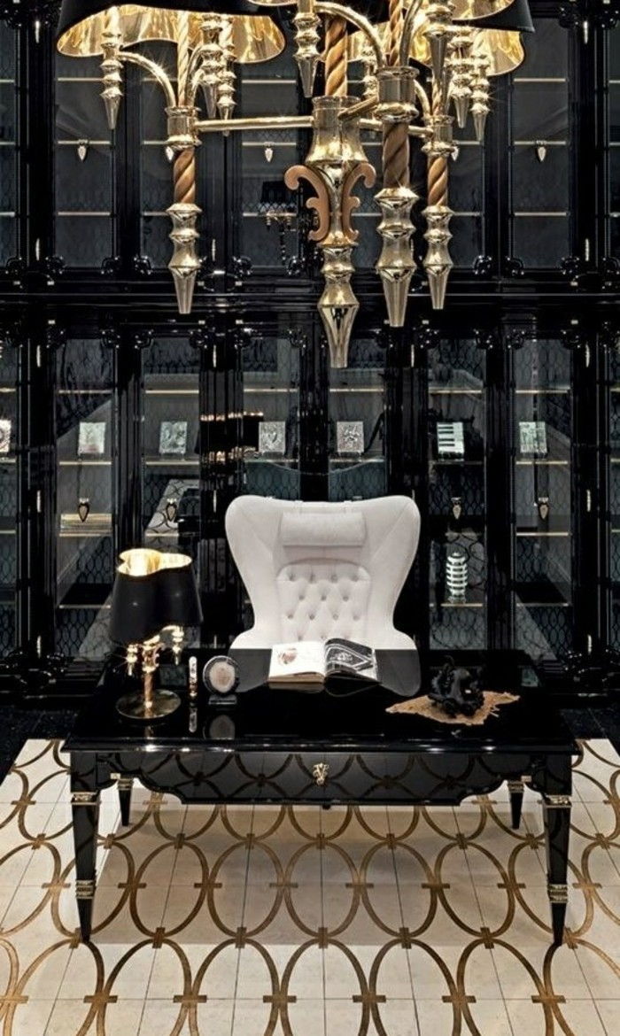 10-heimbuero-balta-kėdė juoda-stalas-su-aukso elementais juoda spinta-lempa