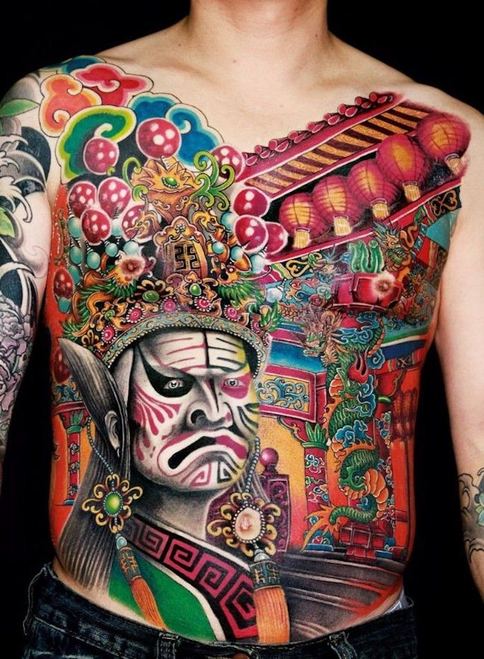 čínske tetovanie pre mužov, veľké farebné tetovanie s čínskymi motívmi