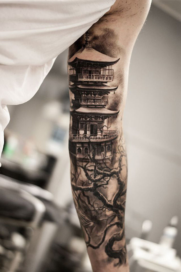 čínske tetovanie pre mužov, čínska budova, rukáv tetovanie