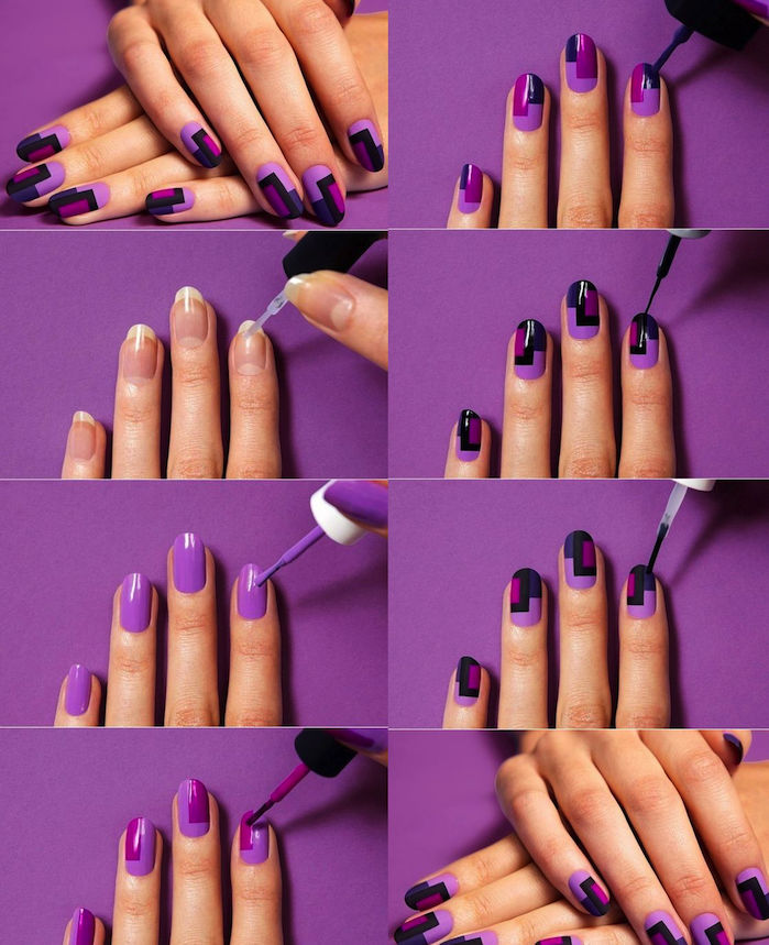 Chvost nechtov, dlhé nechty, dizajn nechtov v fialovej farbe s geometrickými tvarmi