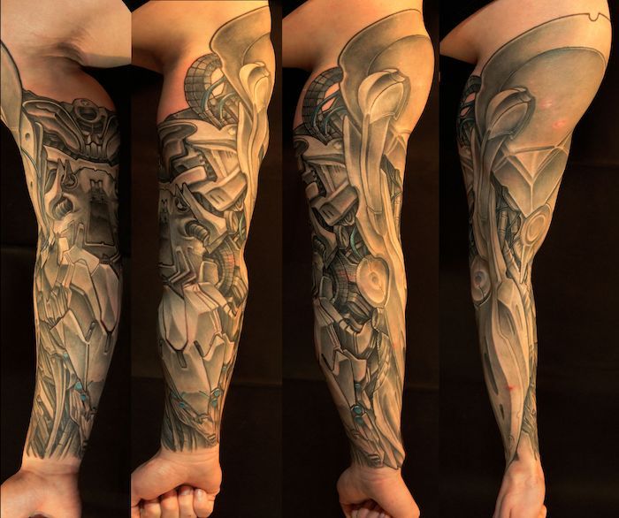 negru și gri tatuaj biomecanic pe braț, tatuaje pentru bărbați