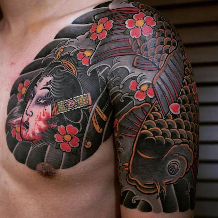 Japanse tatoeages voor mannen, tatoeage op de schouder en borst