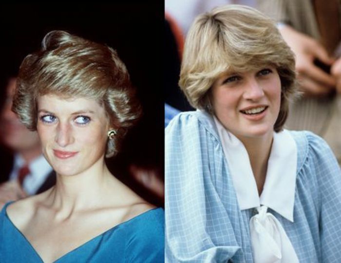 Princesa Diana de Gales na camisa azul com padrão xadrez e fita branca, cabelo loiro curto