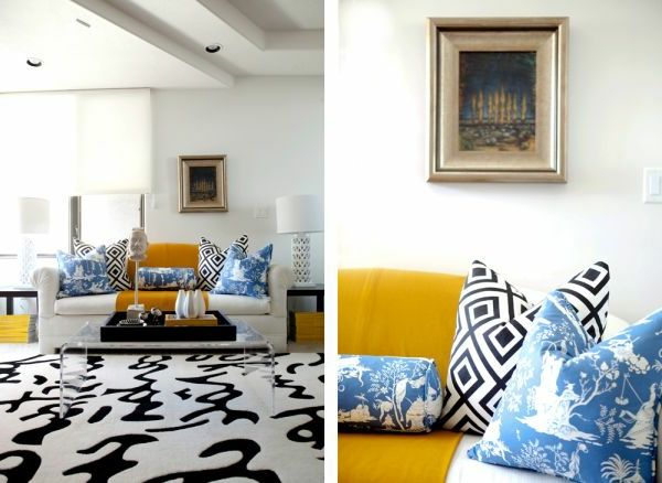 Mäkký koberec a hodiť vankúše v obývacej izbe s jasnými farbami