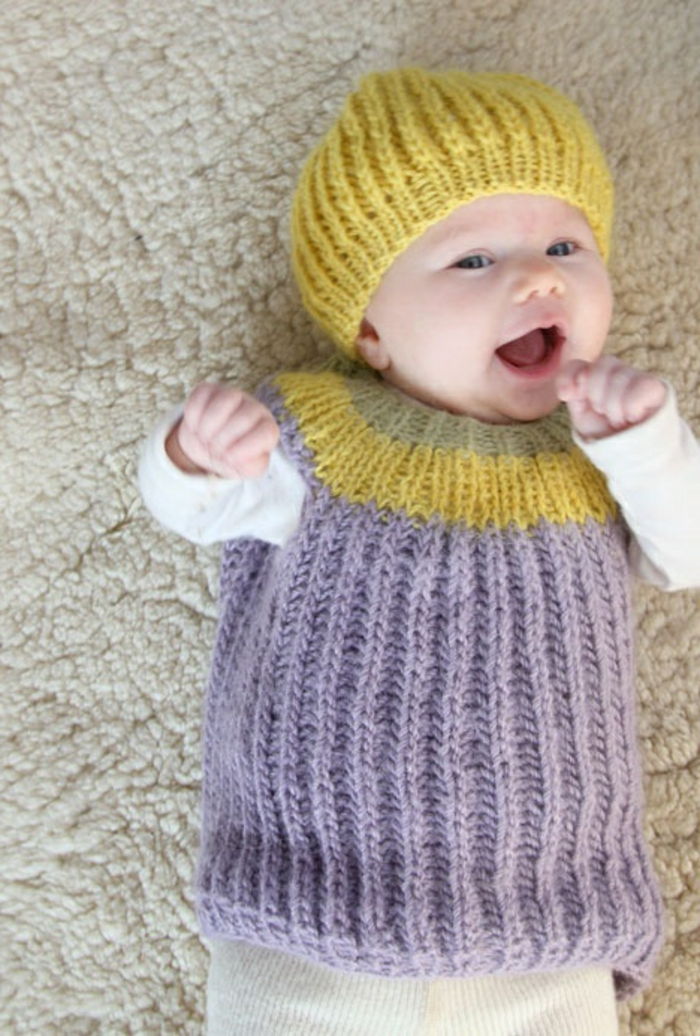 Baby trui breien-blauw-geel-geel-cap Akzente