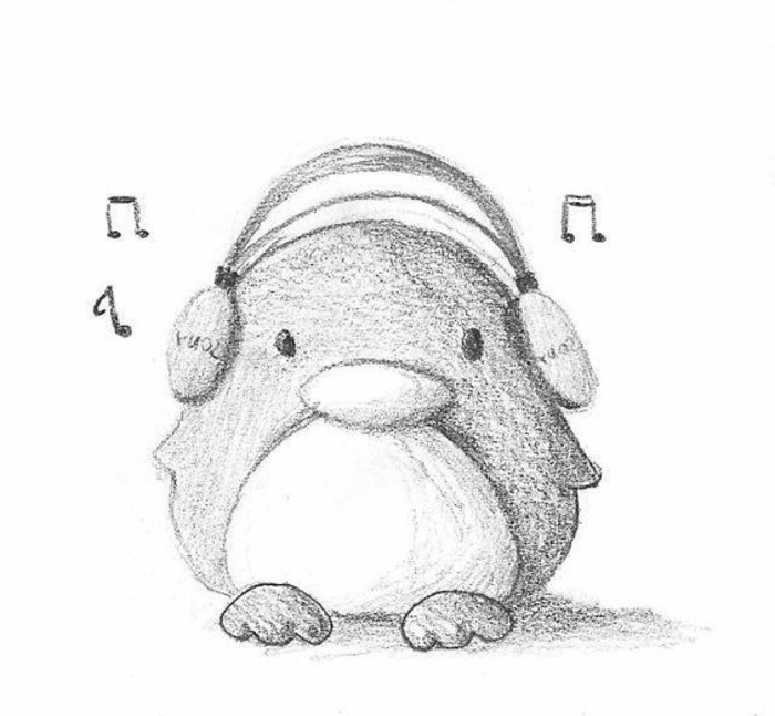Kresby ceruzkou-a-Penguin so slúchadlami na ušiach