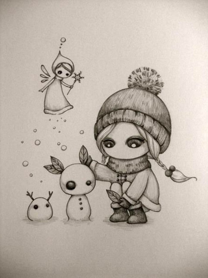 Kresby ceruzkou-s dievčaťom a snehuliaci