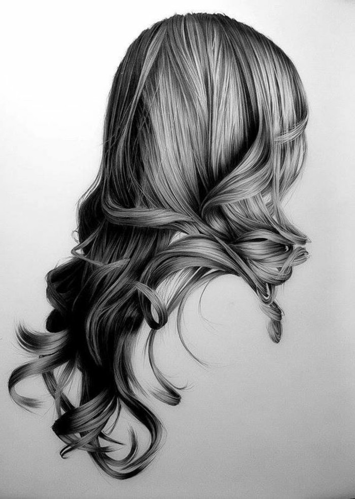 Kresby ceruzkou-realitisches dlhé vlasy ženy