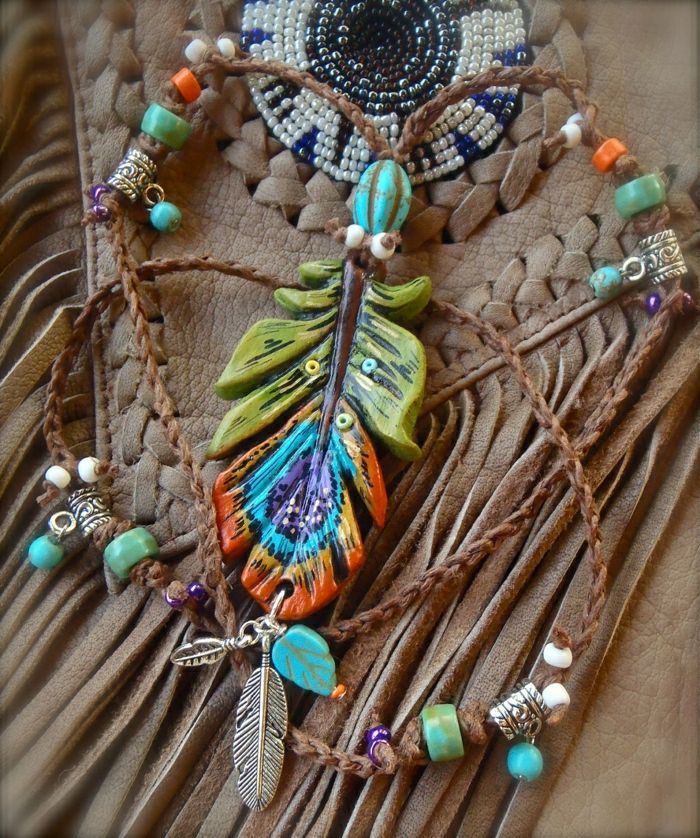 Boho-hippie šperky Peacock Feather gypsy štýle reťaz kože fringe