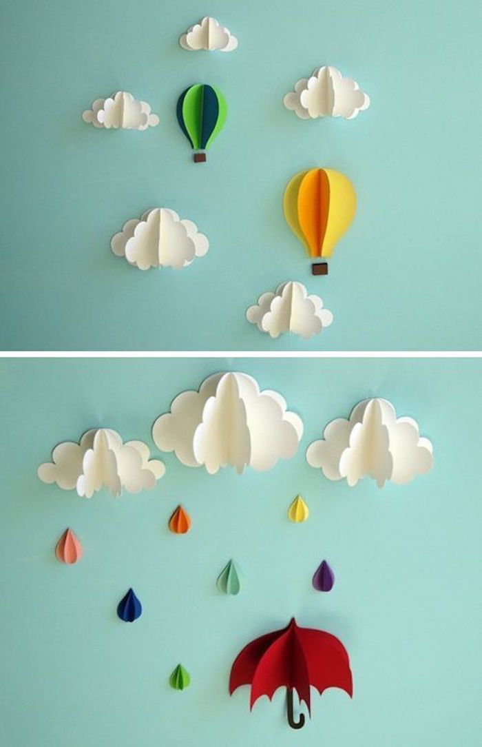 idei creative de decorare, figuri pentru zidul ambarcațiunilor de hârtie, nori, umbrele de ploaie
