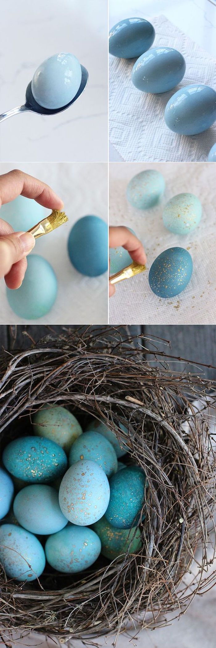 Idei de decorare DIY, ouă de Paște în albastru cu bruk, cuib de Paște