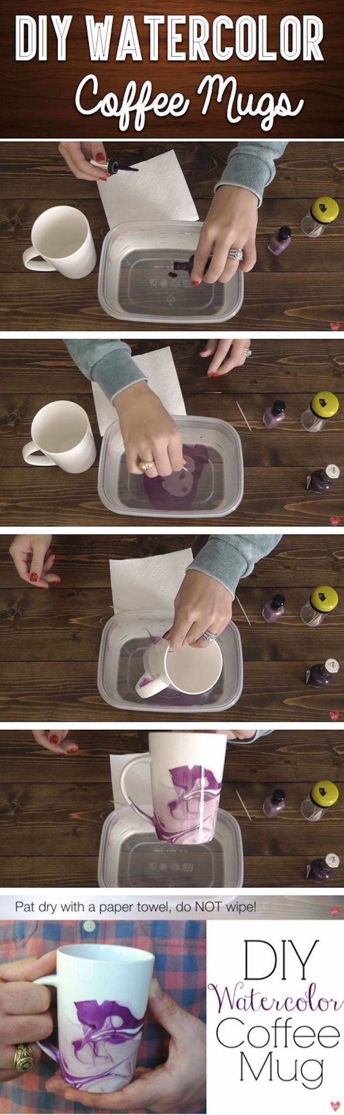 DIY, idee creativă, ceașcă de vopsea cu lac de unghii în purpuriu