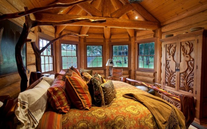 Kulübe-rahat yatak, modern bir kır evi mobilya dolap-geyik gravür zarif çarşafları