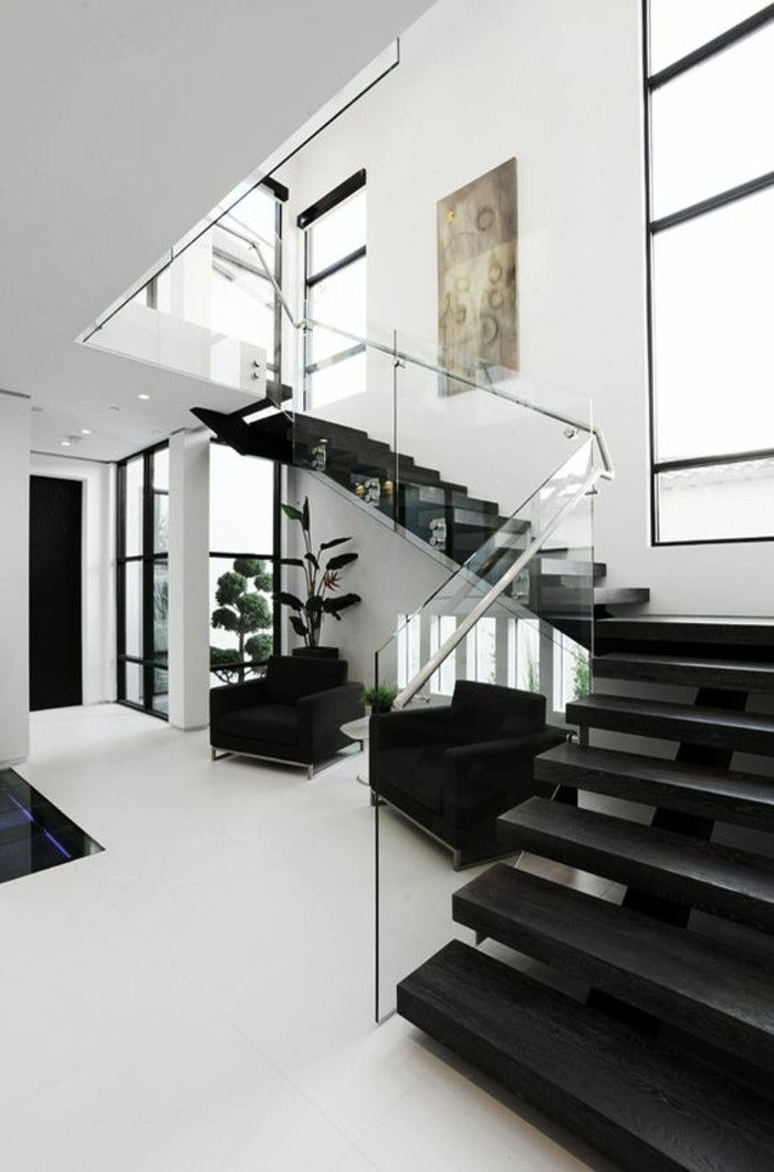 Stiklo turėklai laiptų-juoda-balta-dizainas