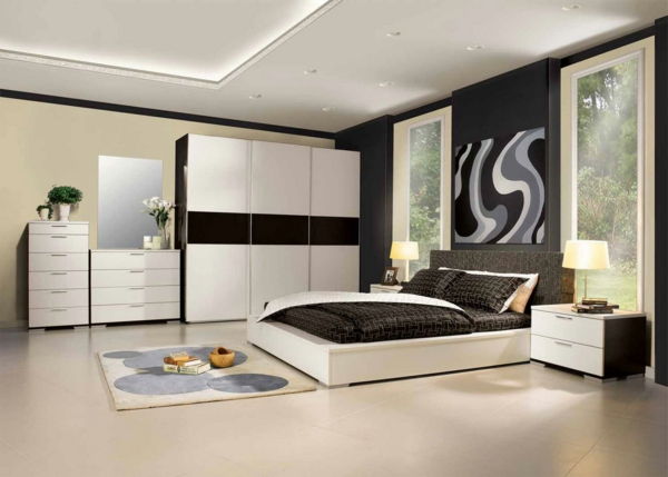 Interjero dizaino idėjos miegamojo komplektas-in-balta ir juoda