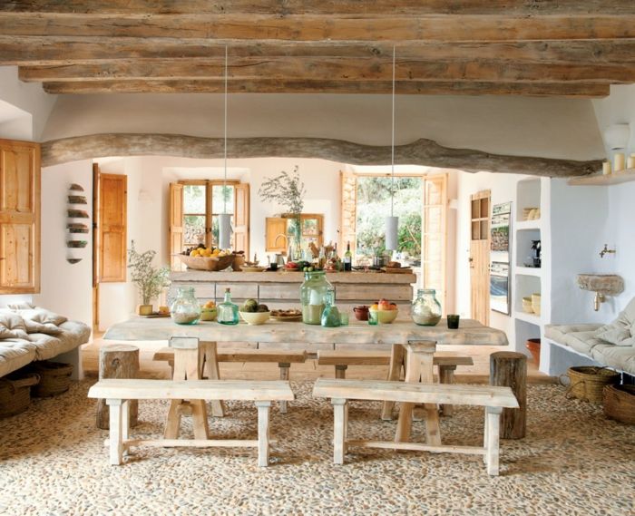 Mutfak ve yemek odası modern bir kır evi mobilya yemek masası-bank-ada yiyen meyveleri kolye ışıkları-mekânsal-Villa