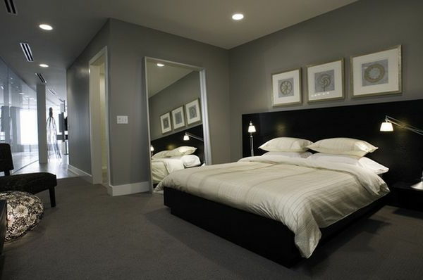Maľba na stene a šedý odtieň v spálni s moderným dekórom