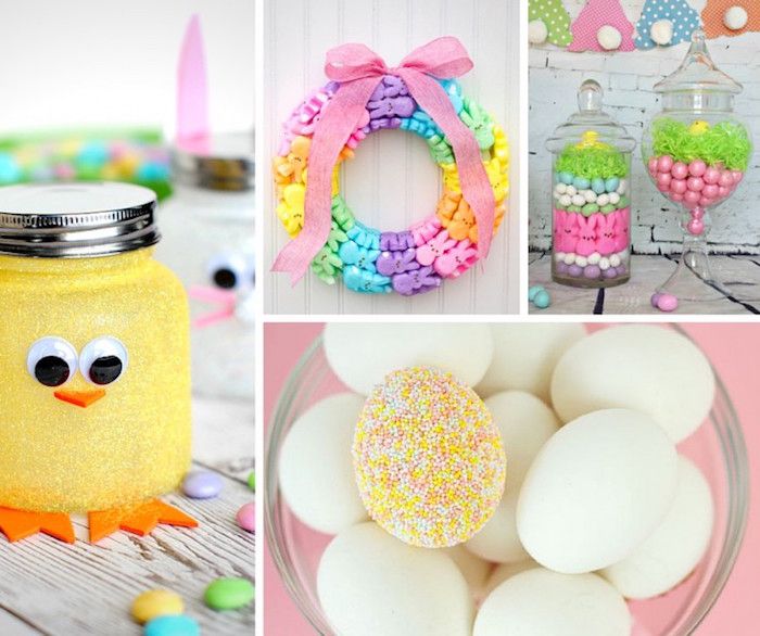 Ideea de decorare, ouă de Paște, pui galben, cunună, dulciuri, iepuraș de Paște