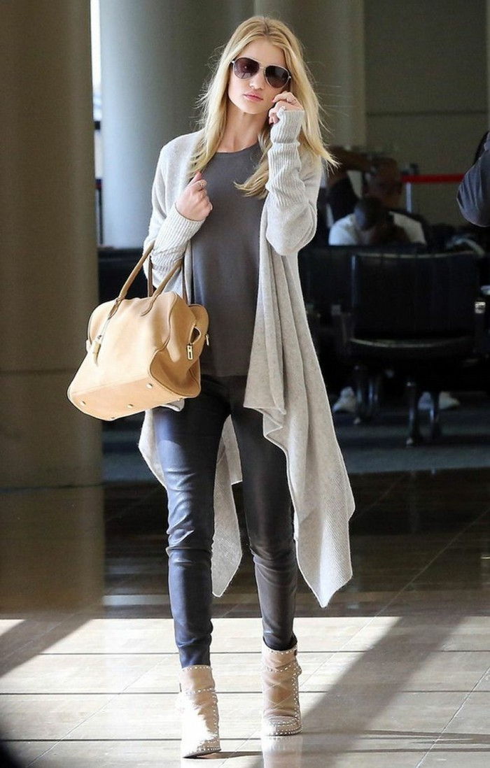 Rosie Huntington-Whiteley kožené nohavice Long-sveter-šedý