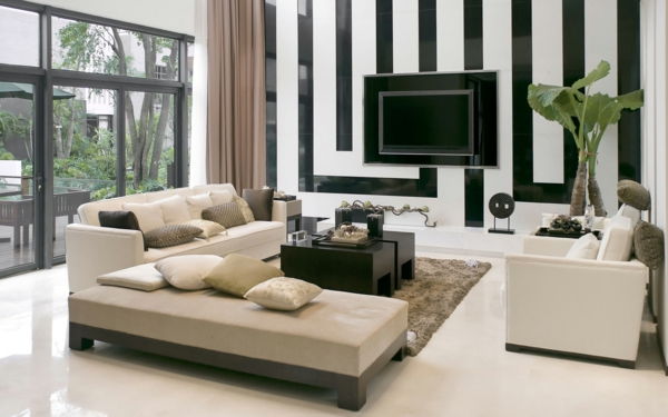 Living-bianco-e-nero-strisce colore della parete interni dal design moderno