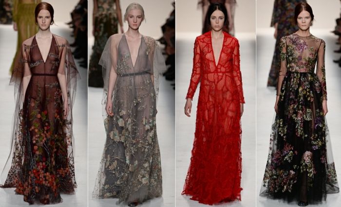 långa kvällsklänningar från modekollektionen av designer Valentino - långa tulleklänningar med applikationsringar i svart, grå och röd, långa klänningar med låg halsringning