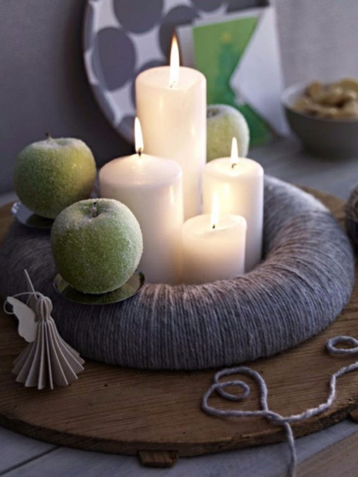 adventskranz-nápady-zelené jablko biela Sviečky