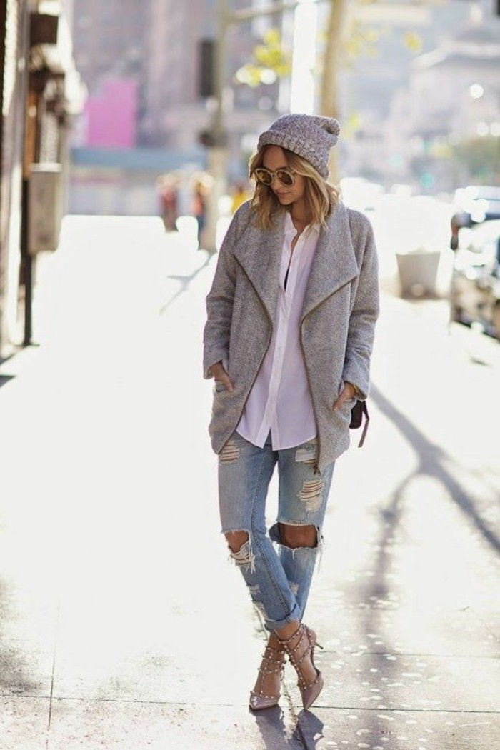 vardagliga-look jeans med hål-Designer Skor Gray Coat