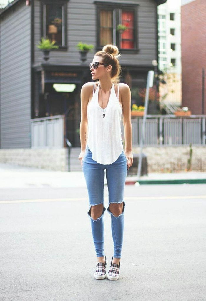 vardagliga-look jeans med hål-White-Top