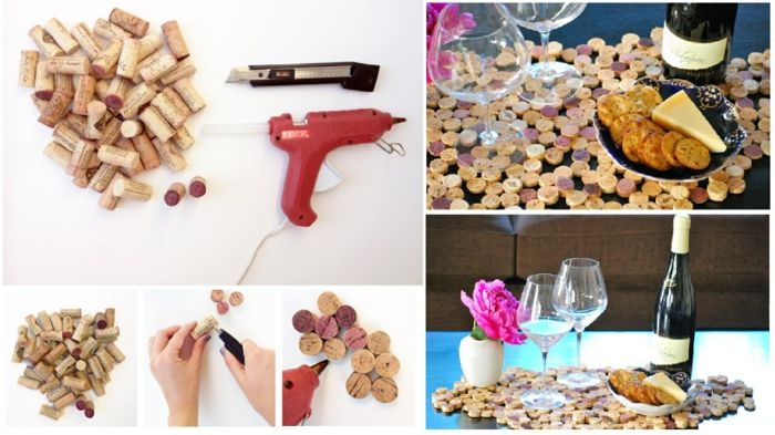 crafting met wijnkurken, heet lijmpistool, snijder, vaas, bloem, wijn, wijnglazen