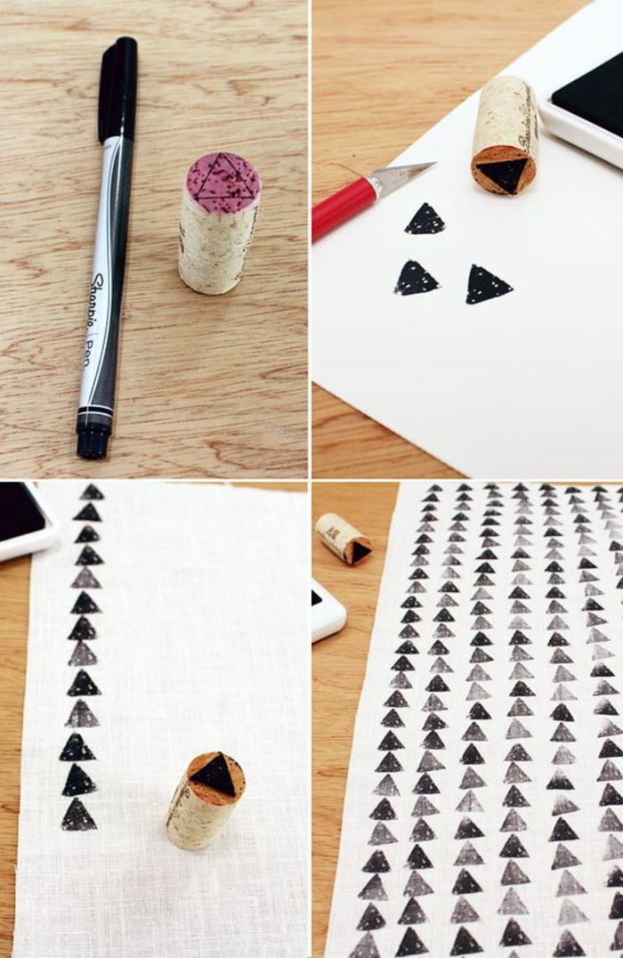 craften met wijnkurken, zelf de stempel maken, zwart potlood, witte stof, driehoeken