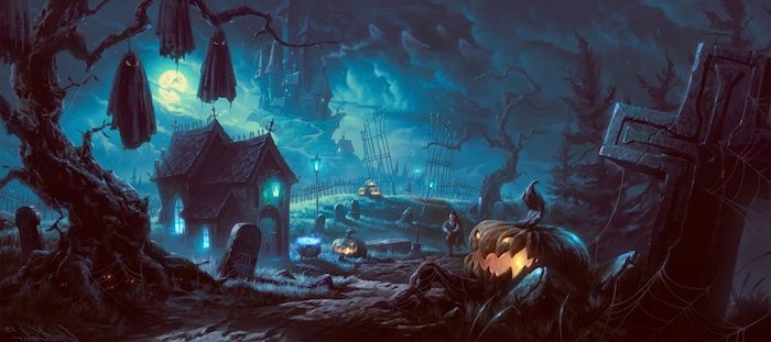 Halloween bilder ett kyrkogård med en liten kyrka och Jack O.'lantern neben einem Kreuz 