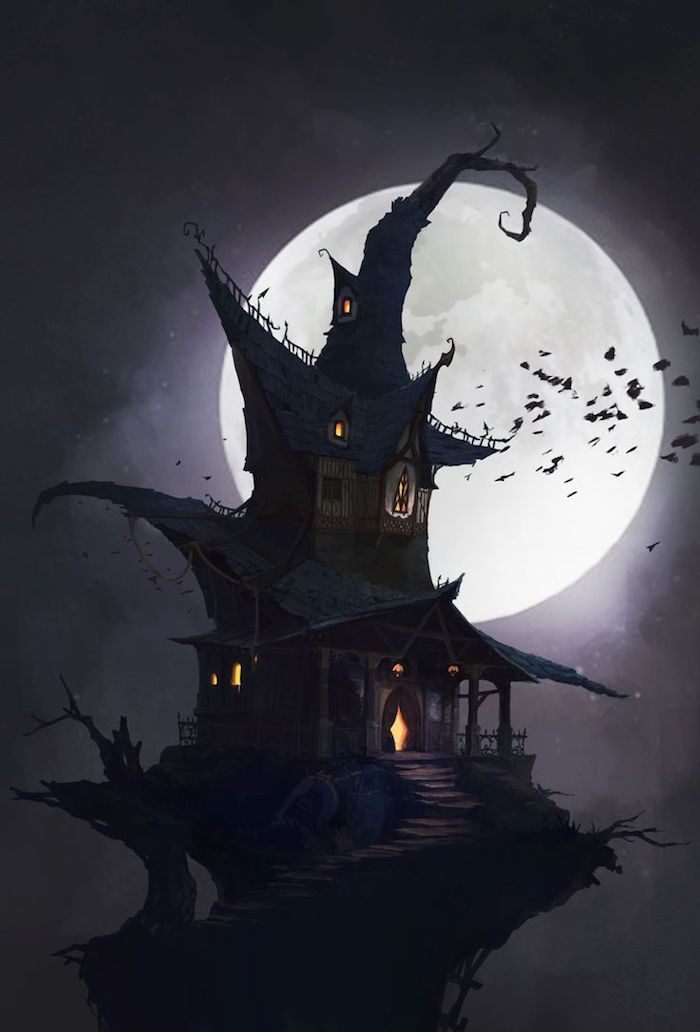 Halloween bilder en heks hus på natten många fladdermössa fullmånen lyser