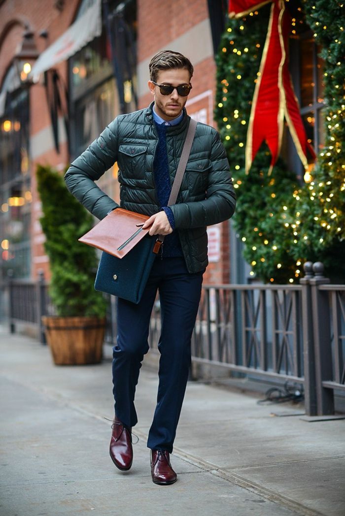 madinga žiemos apranga vyrams su stiliaus drabužių kodais, kasdieniais maišeliais, akiniais, aksesuarais