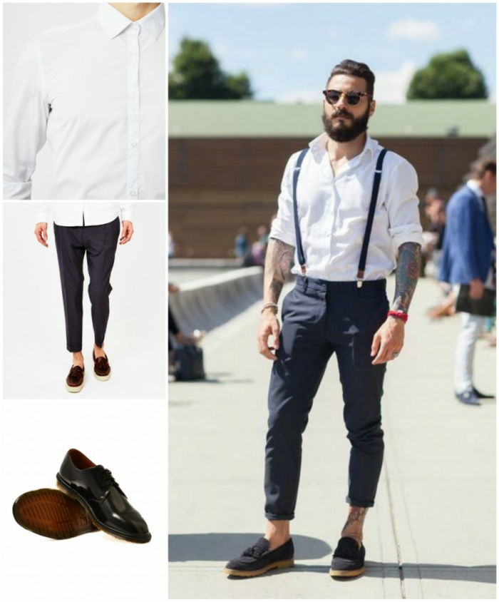 Fancy stil av man med skägg shorts och suspenders glas läder skor moderna frisyr