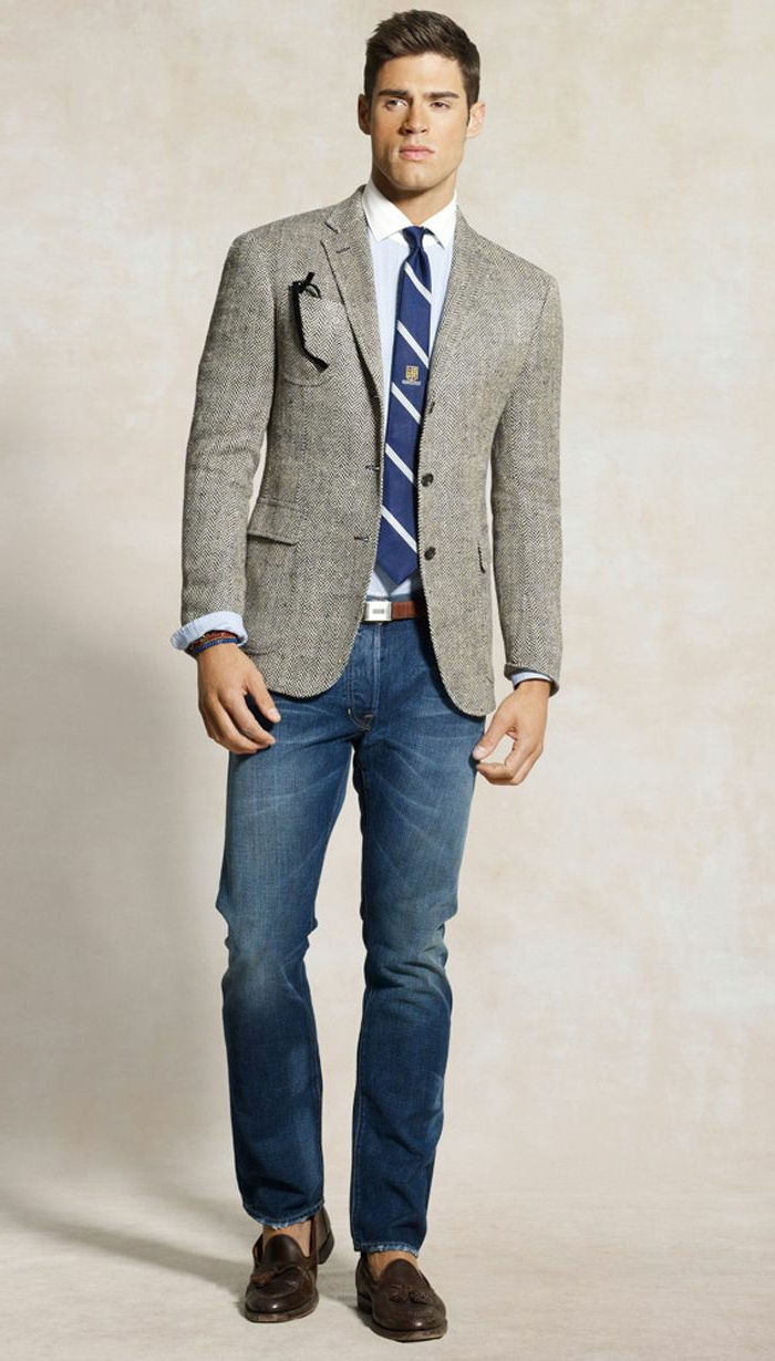 modell affärer casual män män snygga kläder läder skor slips blazer grå