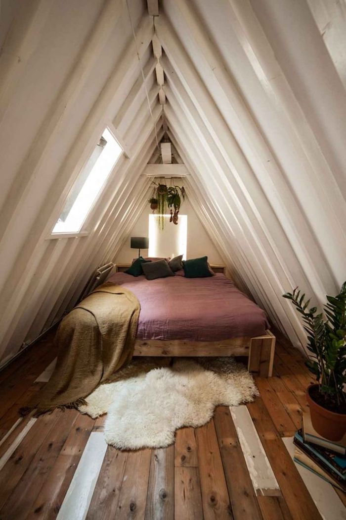 vinden monterade säng design säng sovrum föll mat naturlig fönster takhöjd
