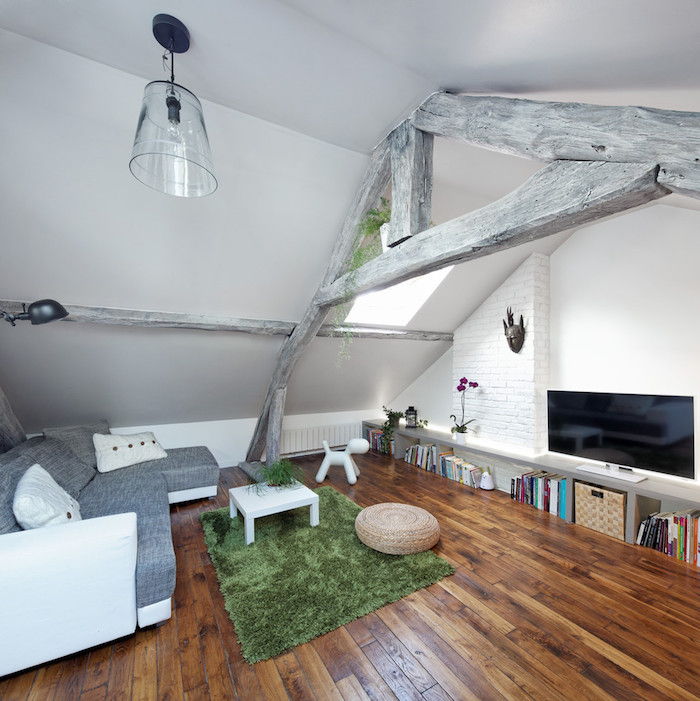 loft lägenhet idéer grön matta dröm mattan deco böcker tv lampa