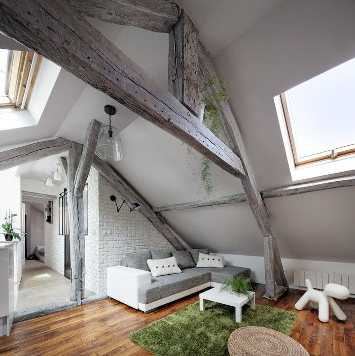 vindsvåning lägenhet vackert dekorera och dekorera grå design vita väggar