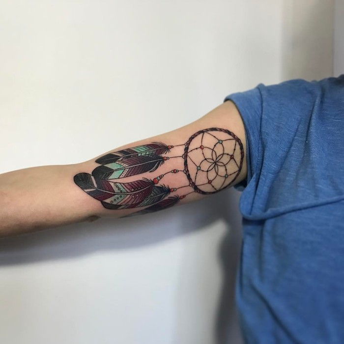 Ideea pentru un tatuaj pe mâna cu un tatuaj cu un catcher de vis negru cu pene lungi, negre și verzi