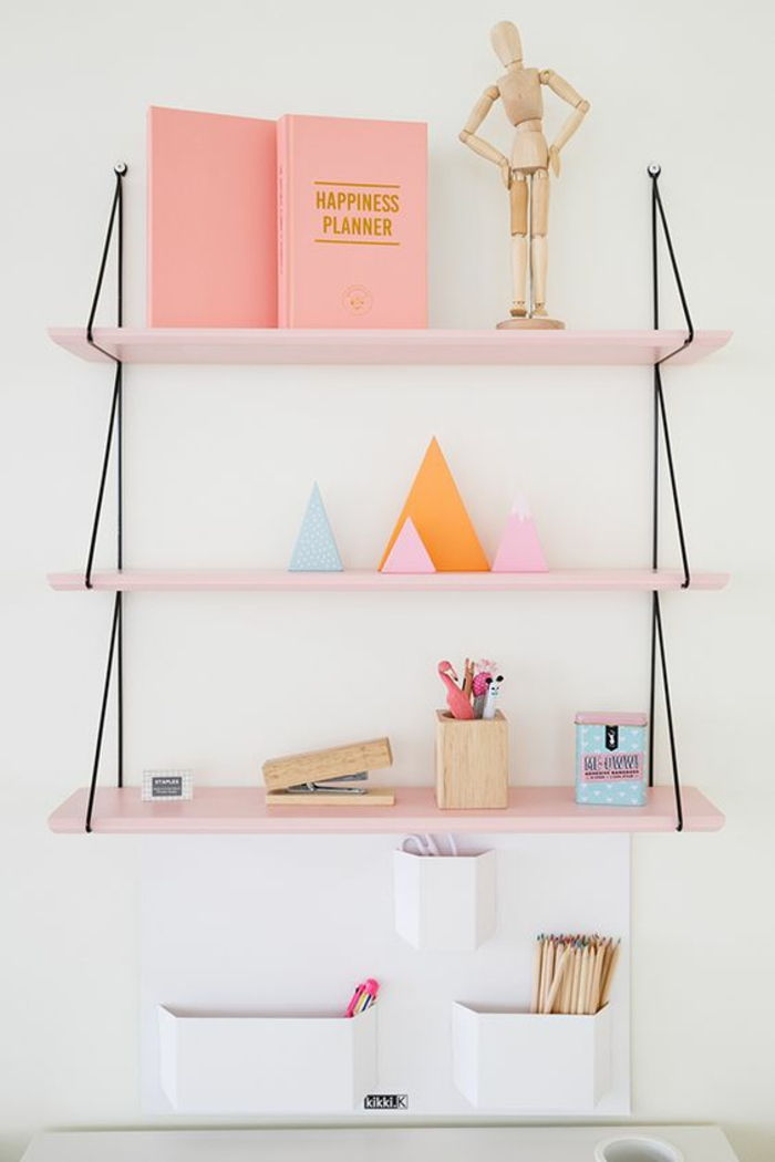 DIY-Półka ścienna-różowo-podwieszane półki-dekoracje-stifthalter-book-czarno-lin