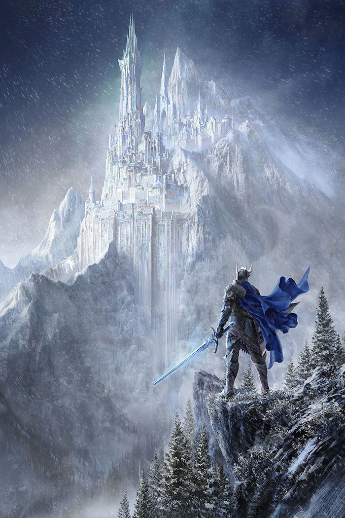 grande castello bianco con torri bianche - montagne invernali, foresta con alberi e fiocchi di neve, un uomo con una spada blu