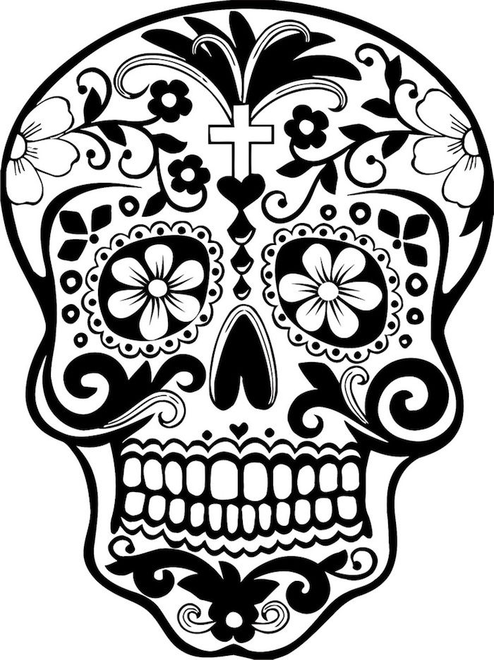 beyaz çiçekler ve siyah yaprakları ve beyaz dişler ve mum - beyaz kafatası ile bir meksika kafatası dövme