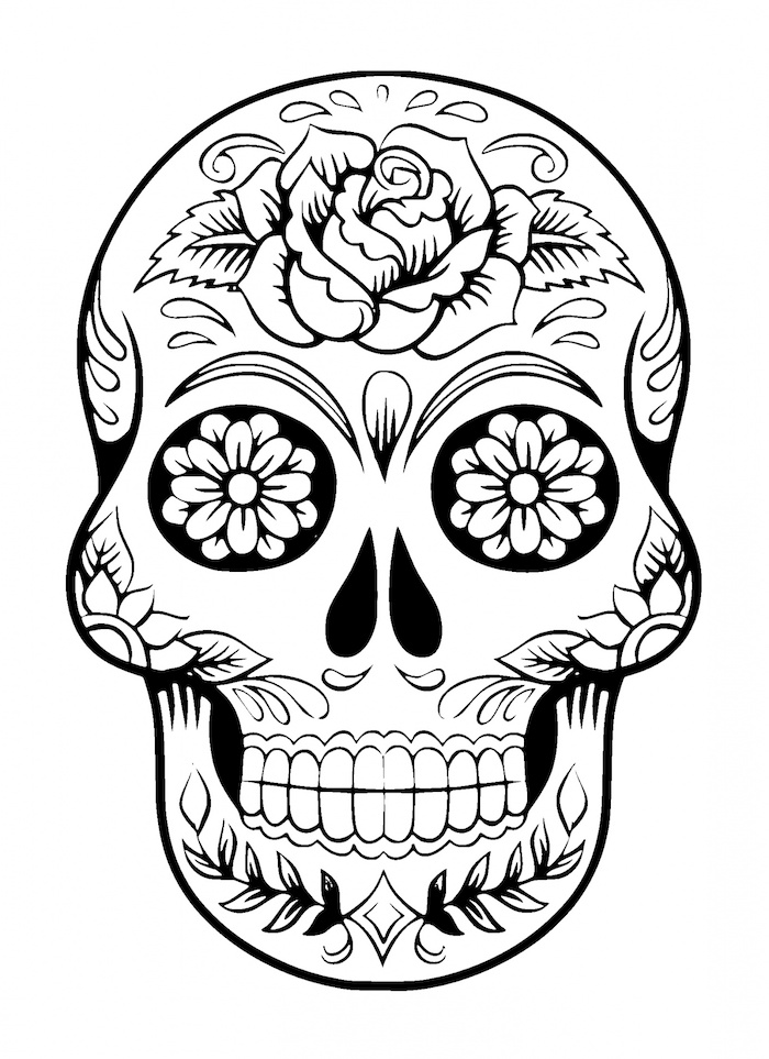 bir gül ve beyaz çiçekler ve kaydırma ile beyaz Meksikalı kafatası dövme - gül dövme ile kafatası