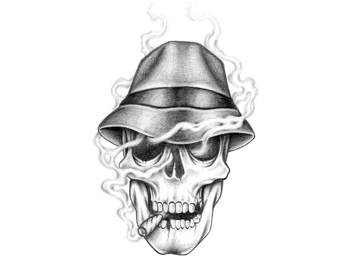 şapka ve sigara ile beyaz sigara kafatası ile bir kroki