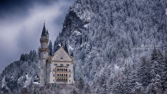 un castello bianco con torri - una foresta invernale con alberi con neve - cielo con nuvole grigie
