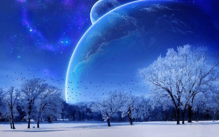 cielo blu con piccole stelle bianche e due pianeti e piccoli uccelli neri volanti - una foresta invernale con alberi con neve
