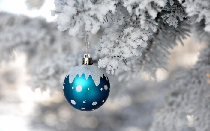 una piccola palla di Natale blu e un albero con la neve - una foto invernale romantica