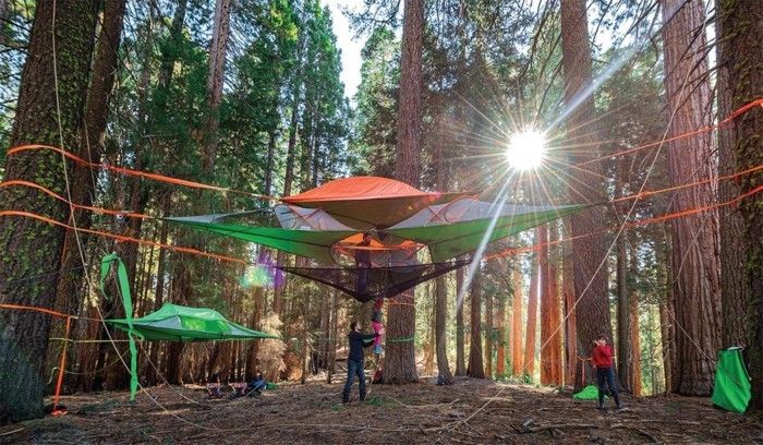 avkoppling-in-skogs här-är-orange-and-green-camping tält-on-the-marken